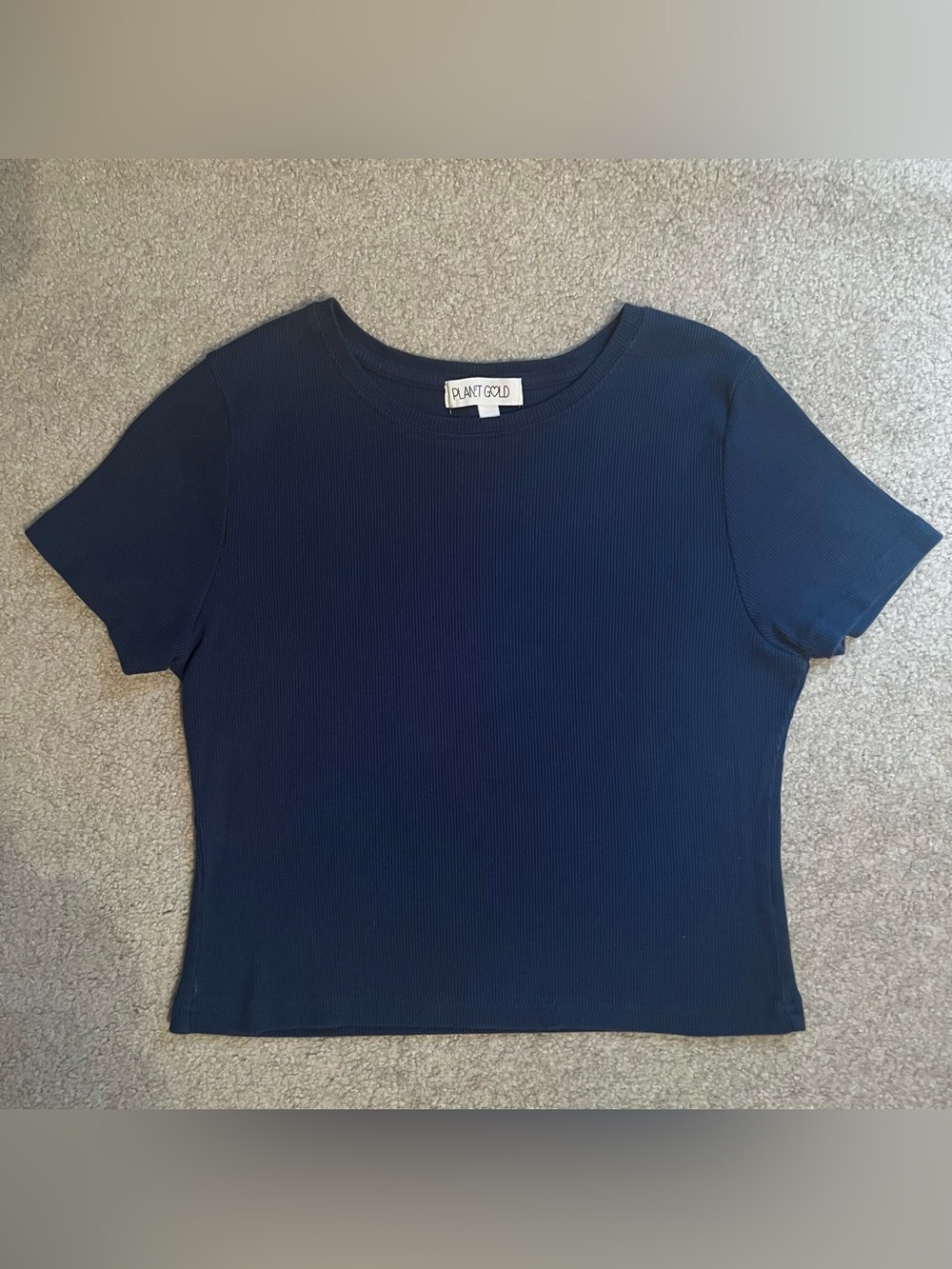 PLANET GOLD Junior’s Navy Blue Ribbed Fitted Short Sleeve Crop Top